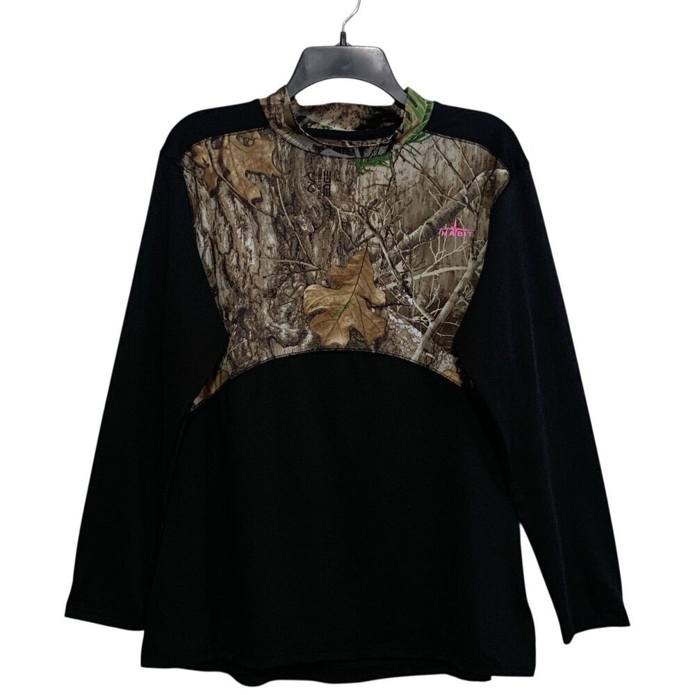 Habit Top Womens Size Large Brown Camouflage Pink Mock Neck Long Sleeve Hunting